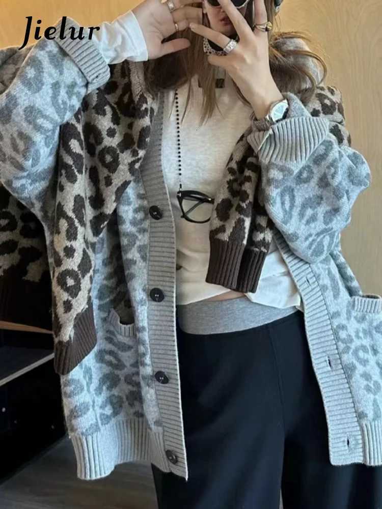 New Chic Leopard Print Contrast Color Loose Simple Women Cardigans Autumn Fashion Single Breasted Vintage Soft Female CardigansT251101