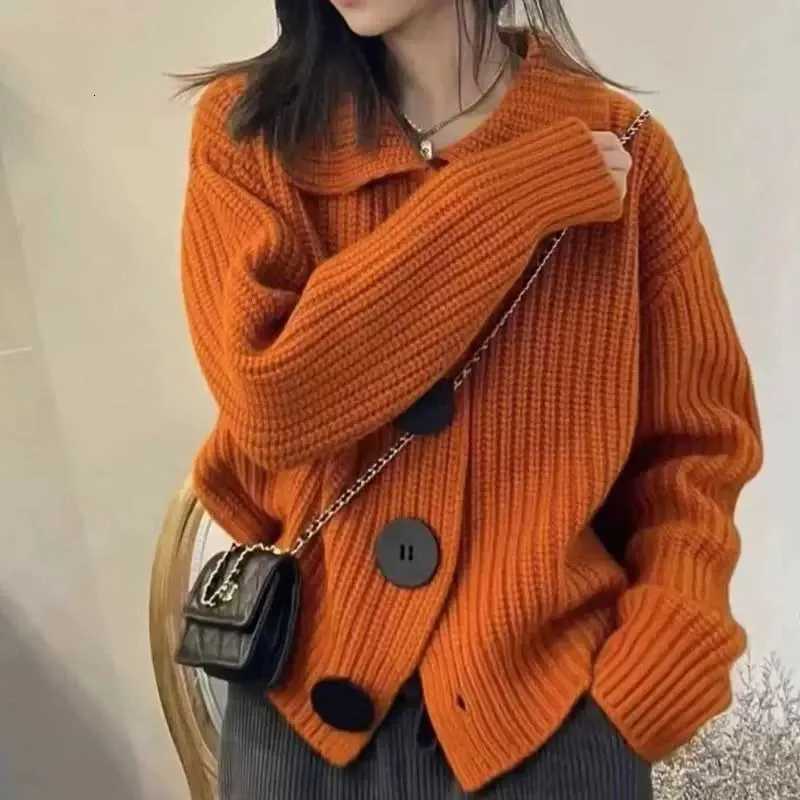 Loose Sleeve Elegant Korean Fashion Knit Cardigan for Women Chic Loose Fit with Large Buttons Lapel Collar Fall Winter ClothingT251101
