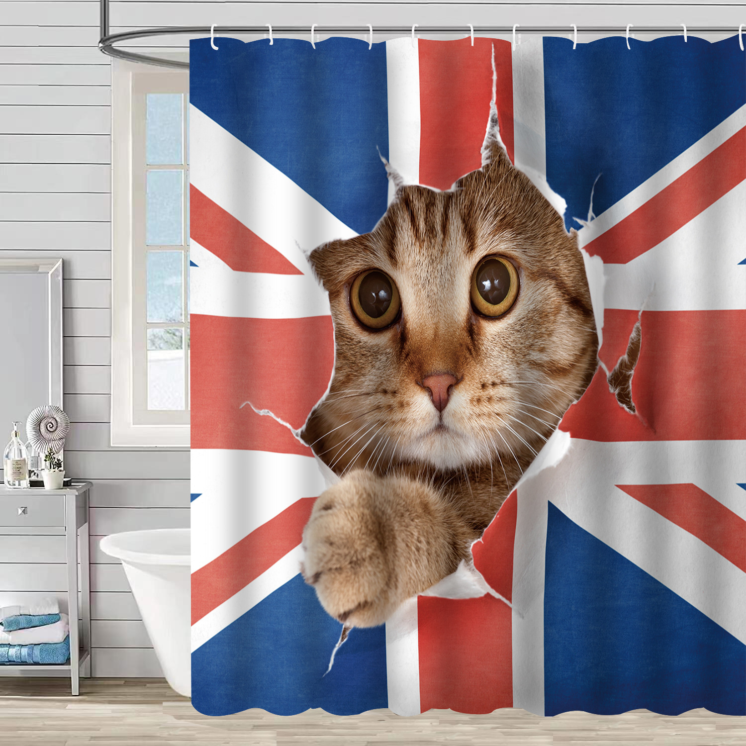 YL-37604 3D Digital Shower Curtain for Kitty Bathing, Bathroom Dry and Wet Separation, Polyester with Hooks, Isolation Curtain