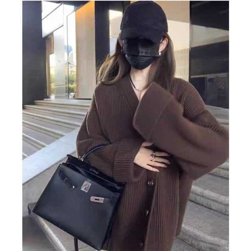 2025 Autumn Retro Vneck Sweater Jacket for Women Casual Solid Color Loose Button Knitted Cardigan Korean Style Womens ClothingT251101