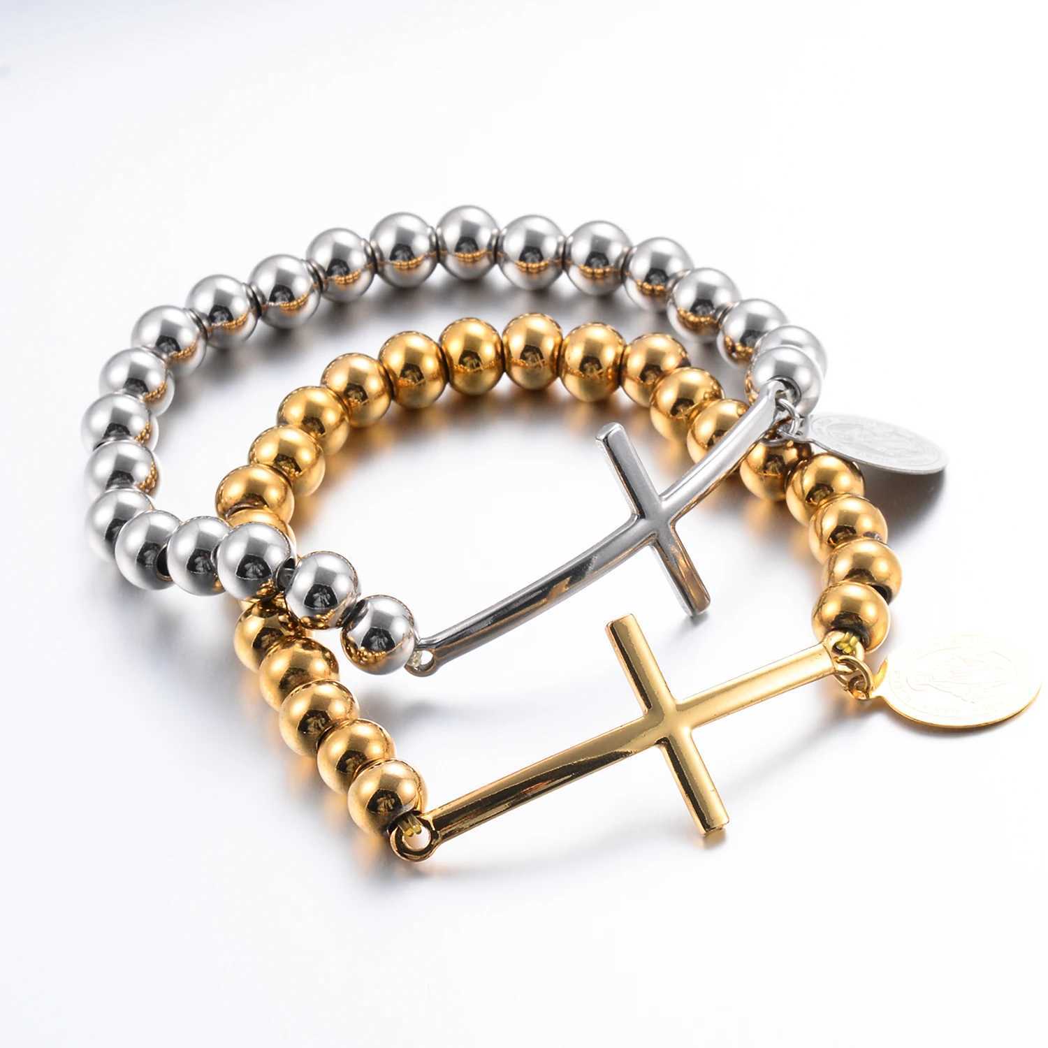 Stainless steel Jesus religious cross pendant bead chain bracelet mens and womens gold and silver Y250329
