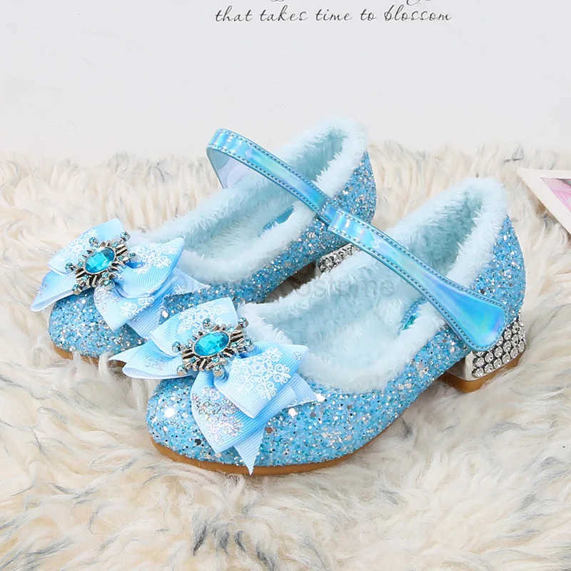 Disney Elsa Girls High Heel Bowknot Blue Pink Fashion Childrens Girl Crystal Princess Warm Winter Shoes Gift Size 2336 H251101