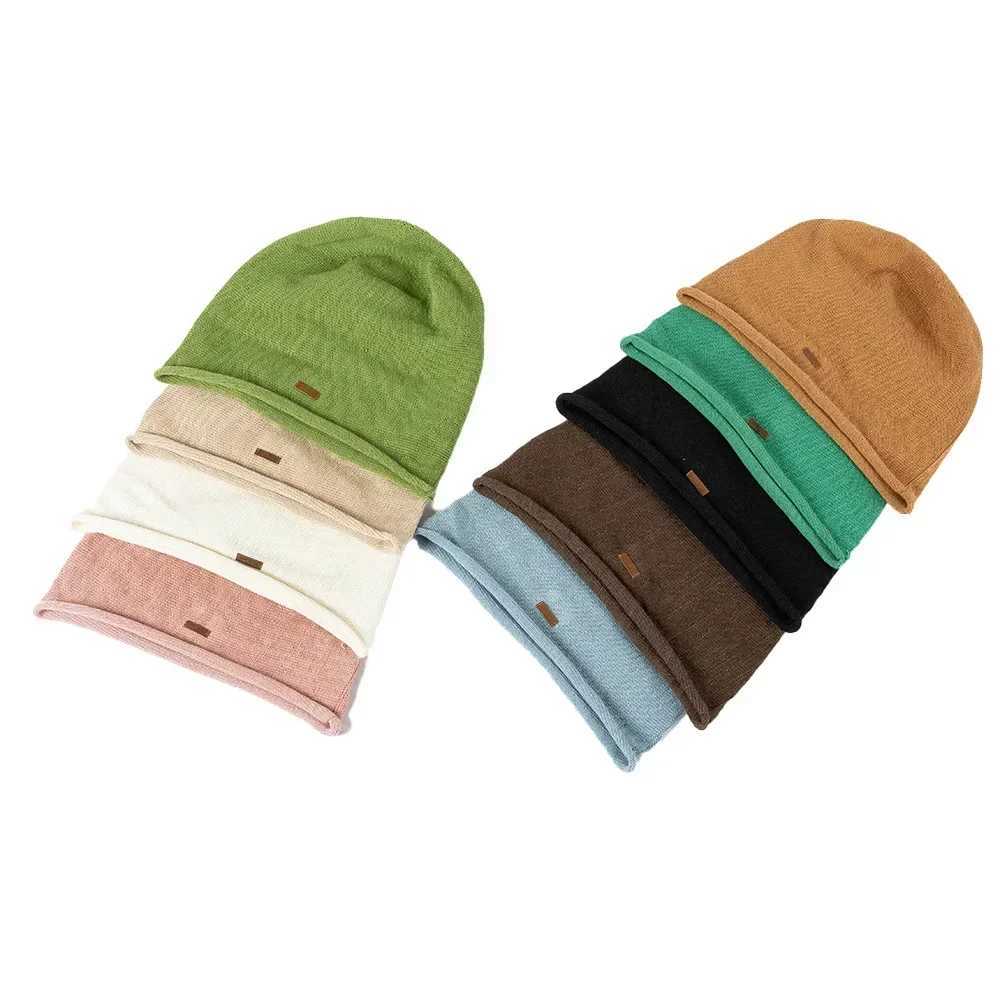 Spring Autumn Women Trendy Breathable Knitted Linen Beanie Hat Leather Patch Solid Stylish Skull Cap NewXJ251101