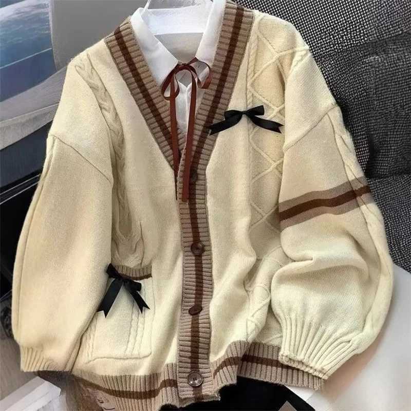 Casual Sweet Bow Cardigan Woman Autumn Winter Japanese Classic Preppy Style Knitted Coats Y2K Vintage Contrast Color VNeck TopsT251101