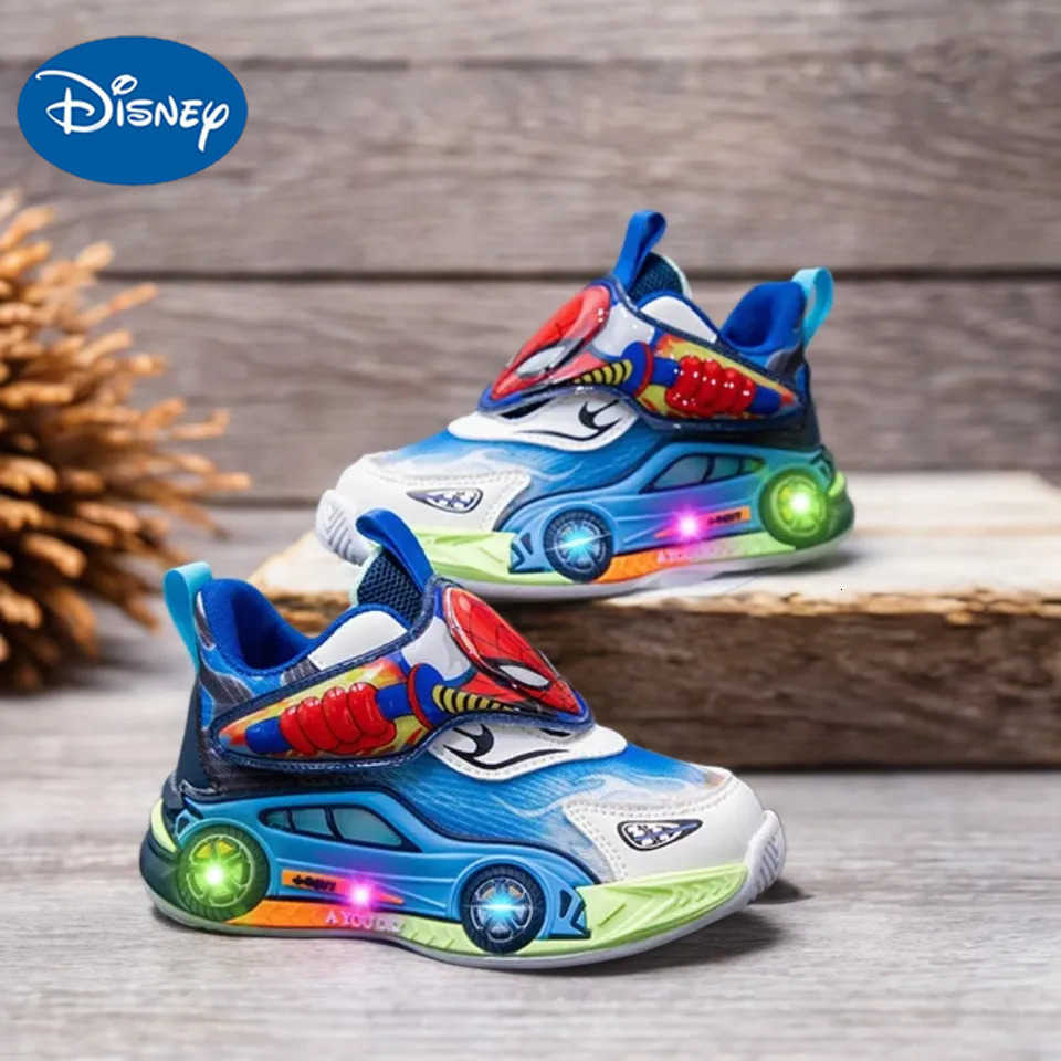 Disney Childrens Shoes Fashion Cartoon LED Lights Spiderman Sneakers for Boys Breathable Sport Antislip Student Shoes Size 26 H251101