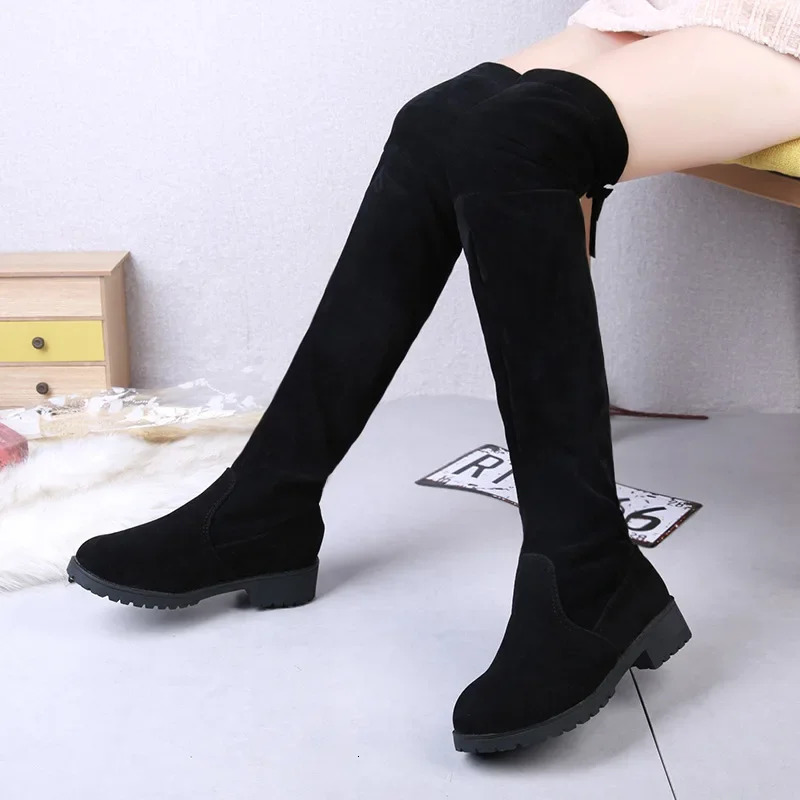 2025 Faux Suede Female Heels Autumn Winter Elastic Kneehigh Boots for Women Tube Laceup Thigh Boots Black Botas 251028