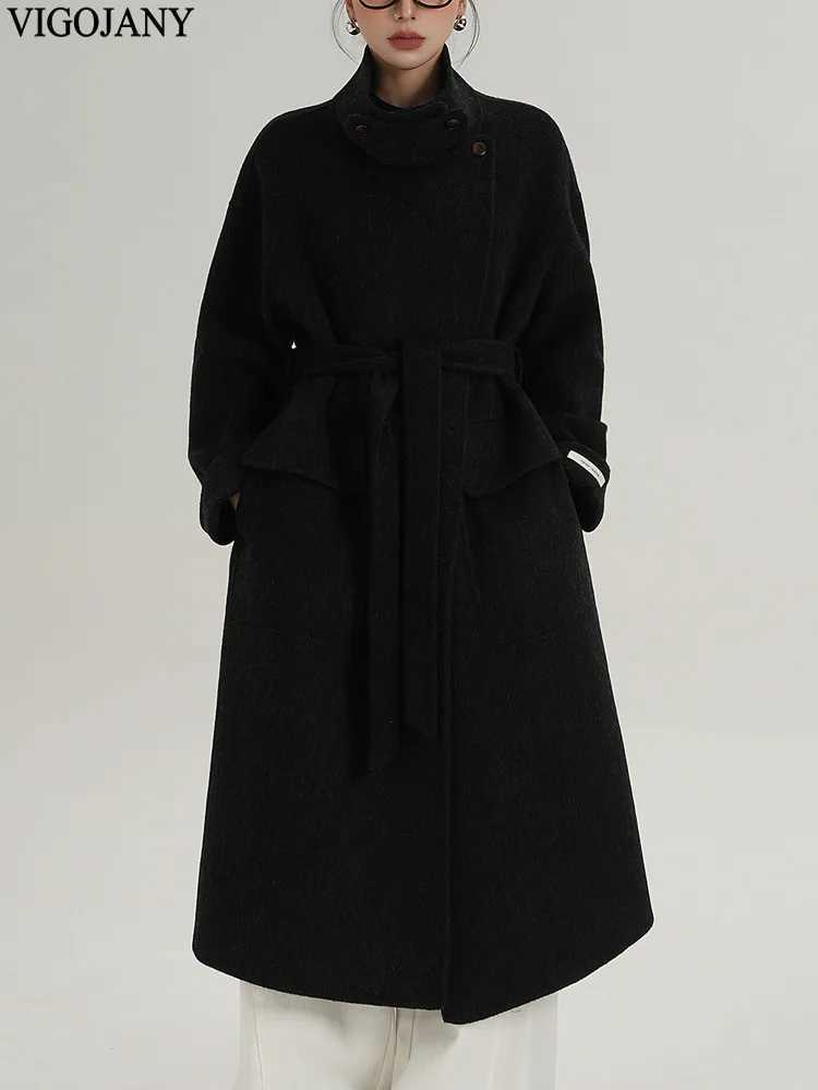 Winter Women Elegant Nature 100 Wool Long Coat 2025 Stand Collar Loose Cashmere Jacket Autumn Lady Black Casual Woolen CoatT251101