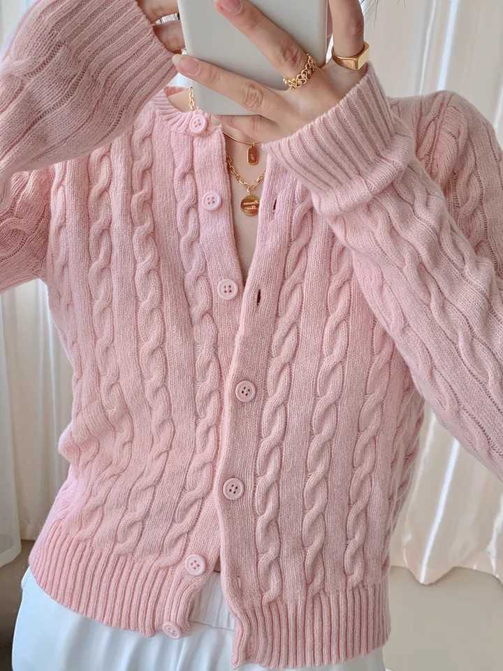 Twisted Flower Pink Cute Cardigan Sweater Woman ONeck Long Sleeve Single Breasted Cotton Outerwear Autumn Casual Loose SweatersT251101