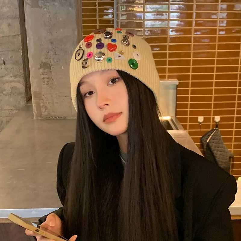 Colourful Button Knitted Beanie for Women AutumnWinter Statement Puffy Knit Hat Couples Beanie Cold Weather HatXJ251101