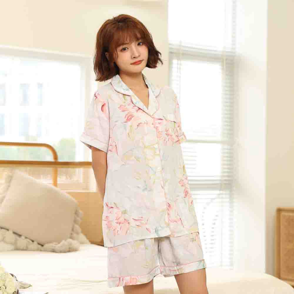 B806-Women's Lapel Short Sleeve Shorts Pajama Set Women's Summer Cotton House Clothes