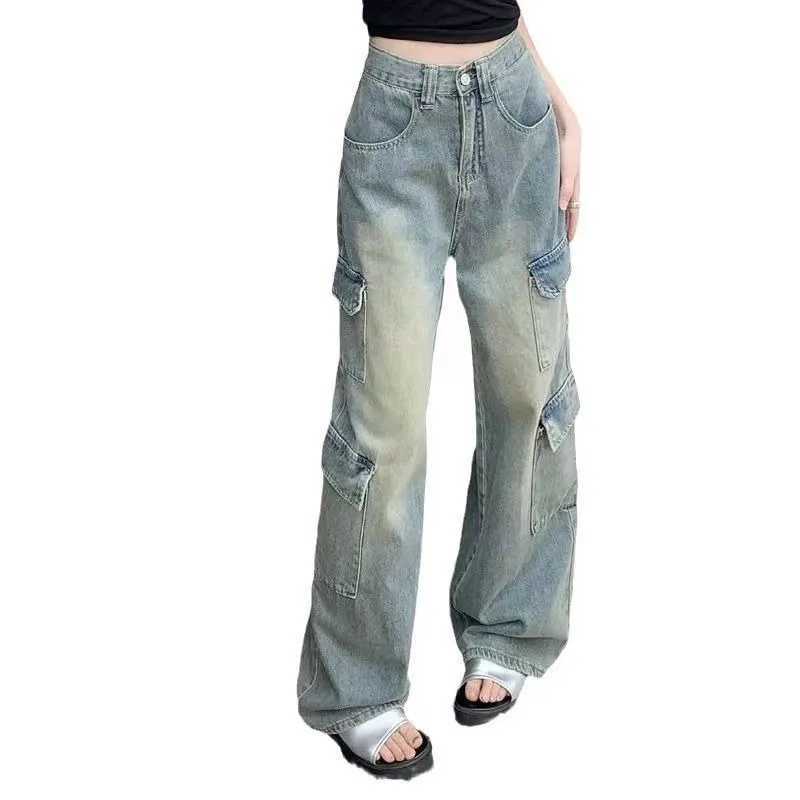 Womens Straight Jeans Leisure Comfortable Skinfriendly Vintage Chic Slim Fit pocket Front High Waist American Casual Wide Leg J251031