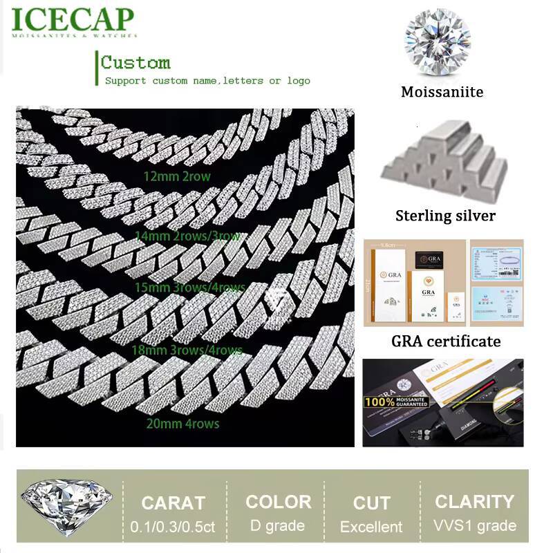 Baguette Moissanite 18mm Necklace Fine Jewelry VVS Iced Out Moissanite Pass Diamond Test 925 Silver Hip Hop Cuban Link Chain