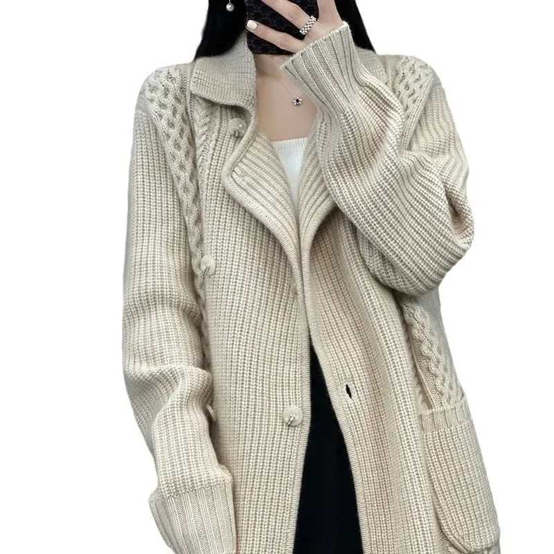 Medium Length Solid Sweater Cardigan Jacket Womens Korean Versatile Temperament Casual Lazy Style Thick Foreign Style OuterwearT251101