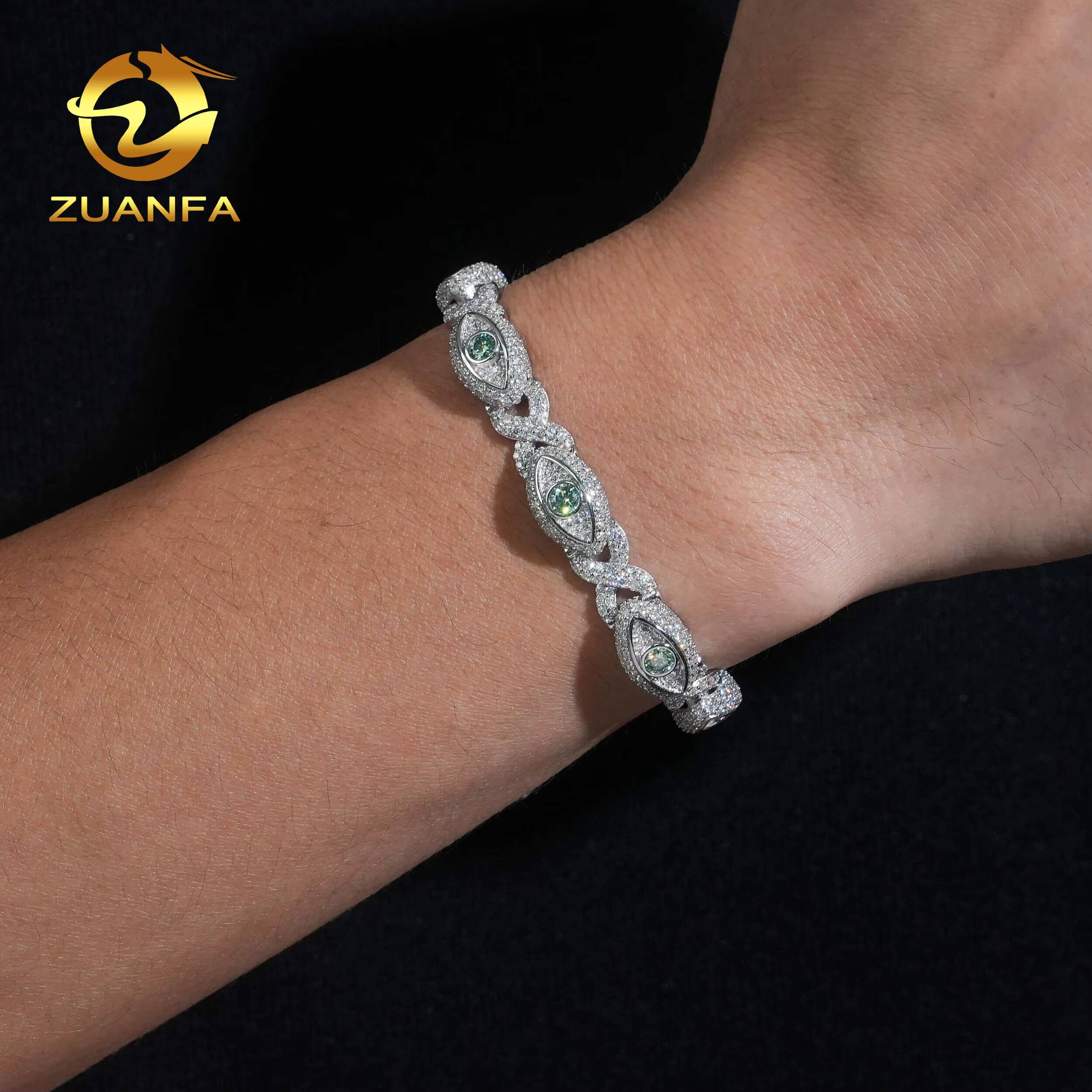 Hip Hop Jewelry 8mm Blue Green Eyes Shape VVS Moissanite Cuban Link Bracelet 925 Silver Moissanite Iced Out Bracelet Men Women