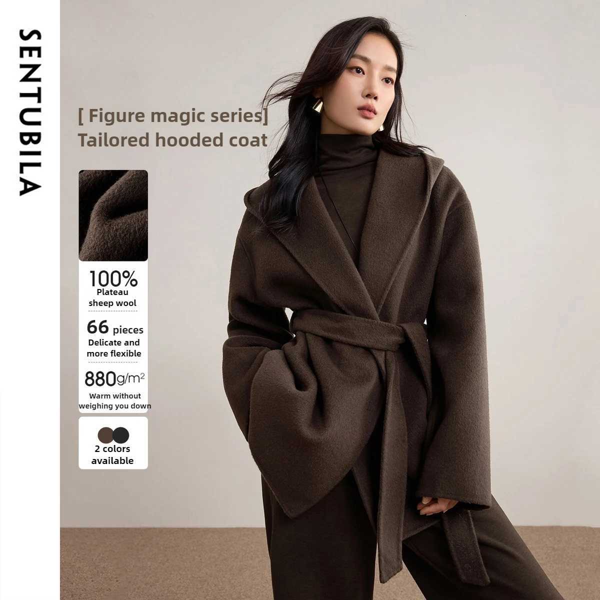 SENTUBILA Womens 100 Woolen Double Sided Coat 2025 Winter Hooded Bathrobe Loose jacket Versatile Fashion Outerwear W54OC2735T251101