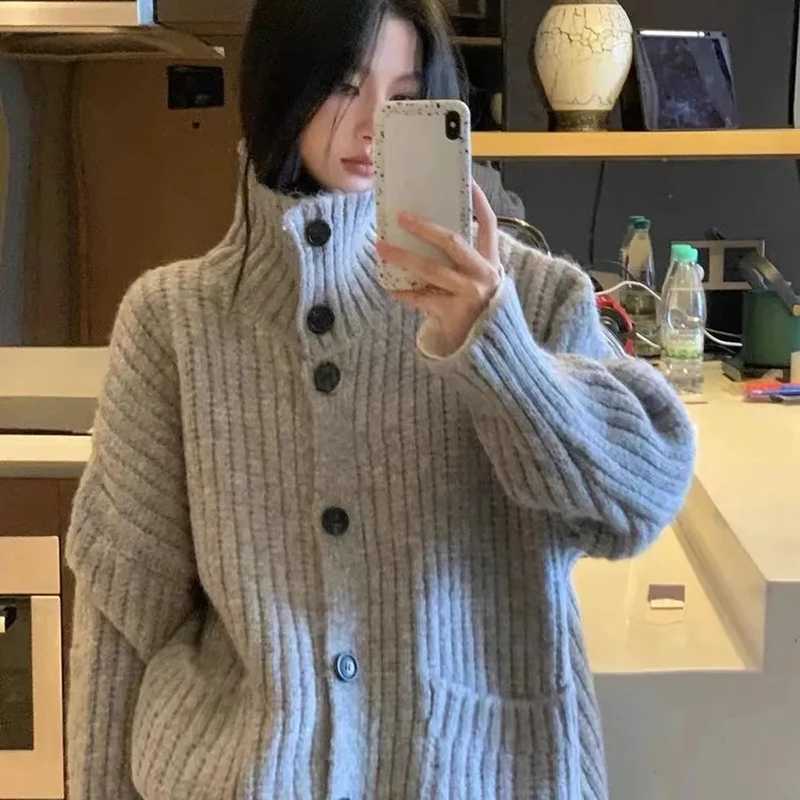 Loose Lazy Sweater Women Twist Fashion Knit Autumn Winter Warm Cardigan Harajuku Stand Collar Gray Vintage Female JumpersT251101