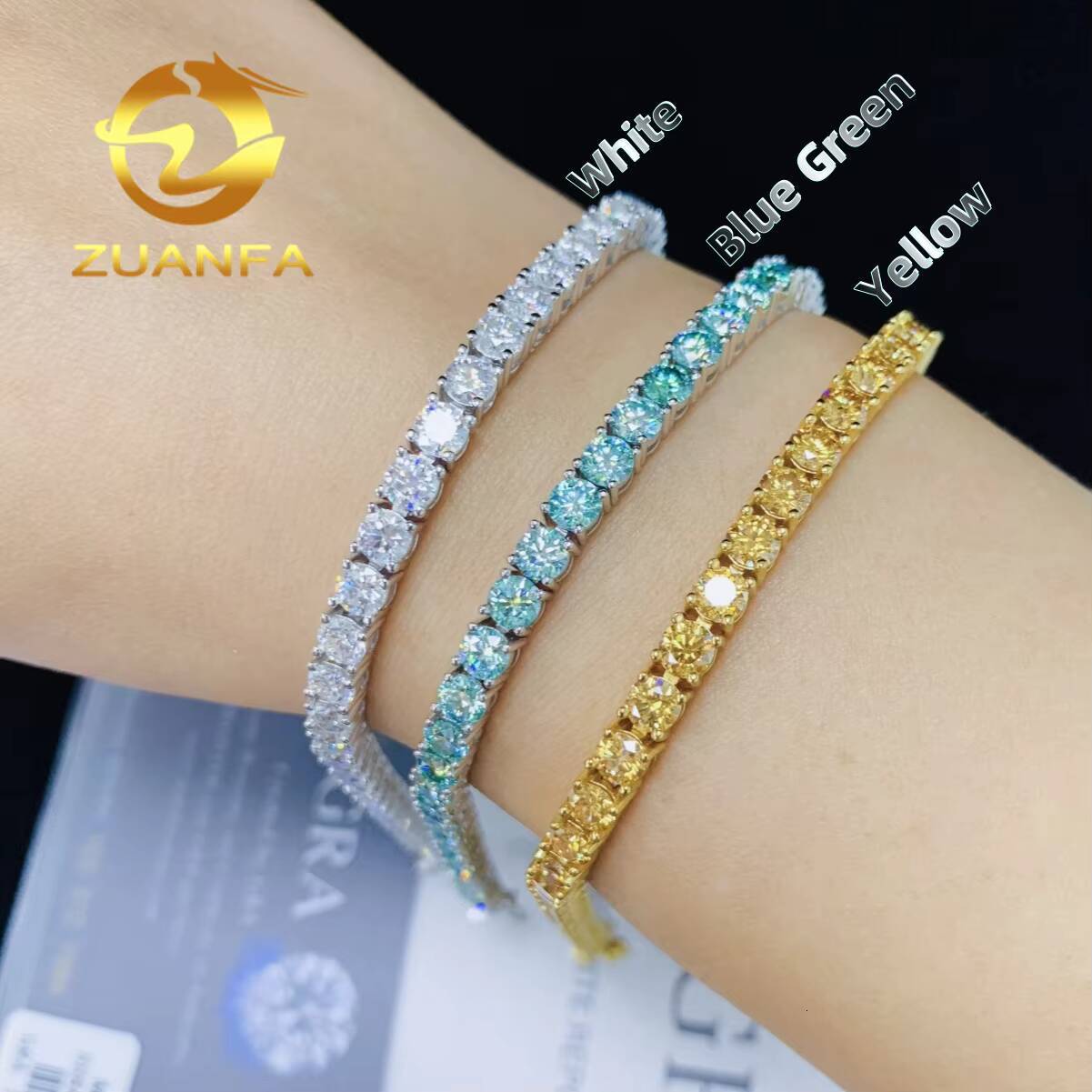 Ready Stocks Yellow Moissanite Blue Green Color Moissanite Tennis Chain Necklace 3mm 4mm Silver Iced Out Hip Hop Jewelry
