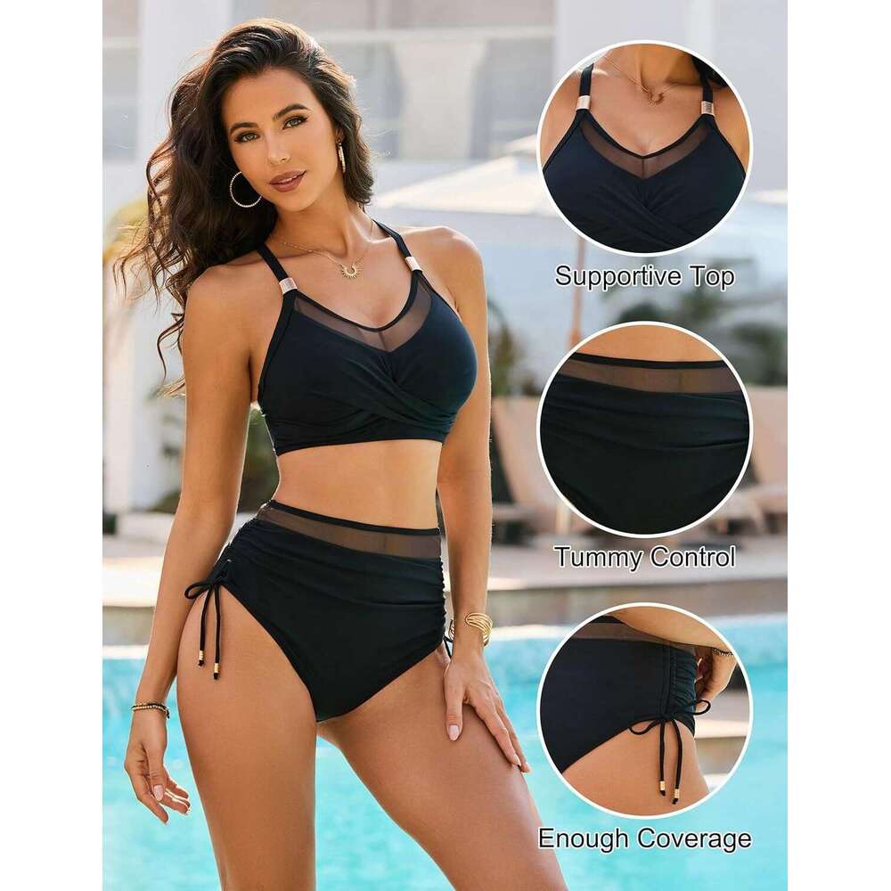 2025 New Fashionable Sexy Mesh Splicing and Gathering, Side Drawstring Design, Split Women's Swimsuit