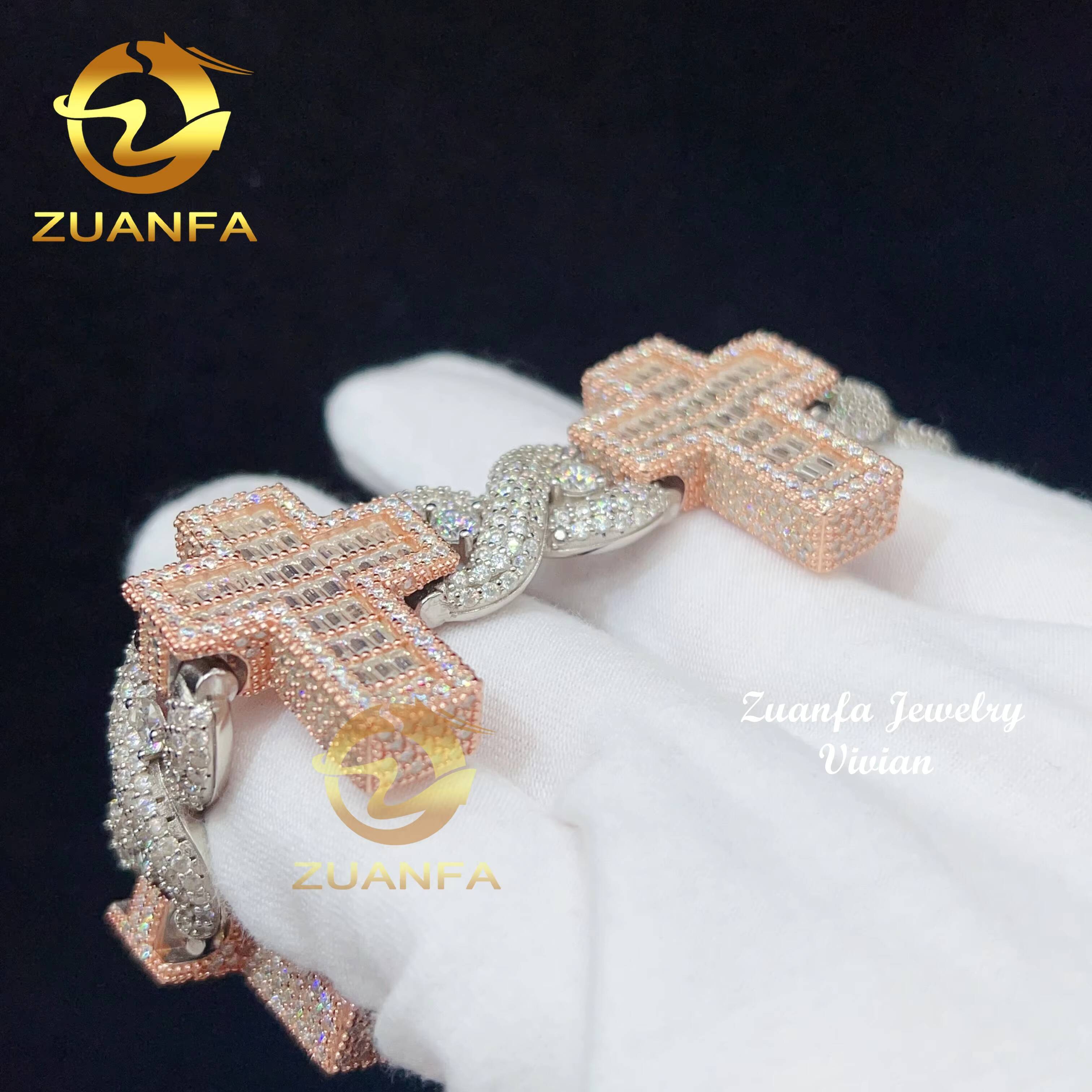 Fine Jewelry Silver 925 Vvs Moissanite Hip Hop Jewelry Iced Out Diamond Cross Cuban Bracelet Cuban Link Chain