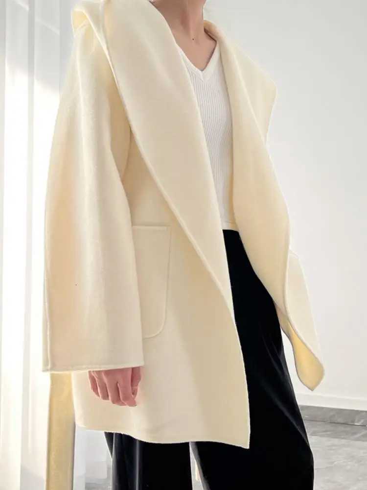 Office Lady Short Woolen Jackets 2024 Autumn And Winter Hooded Loose DoubleSided LaceUp Womens 100 Wool Coats OuterwearT251101