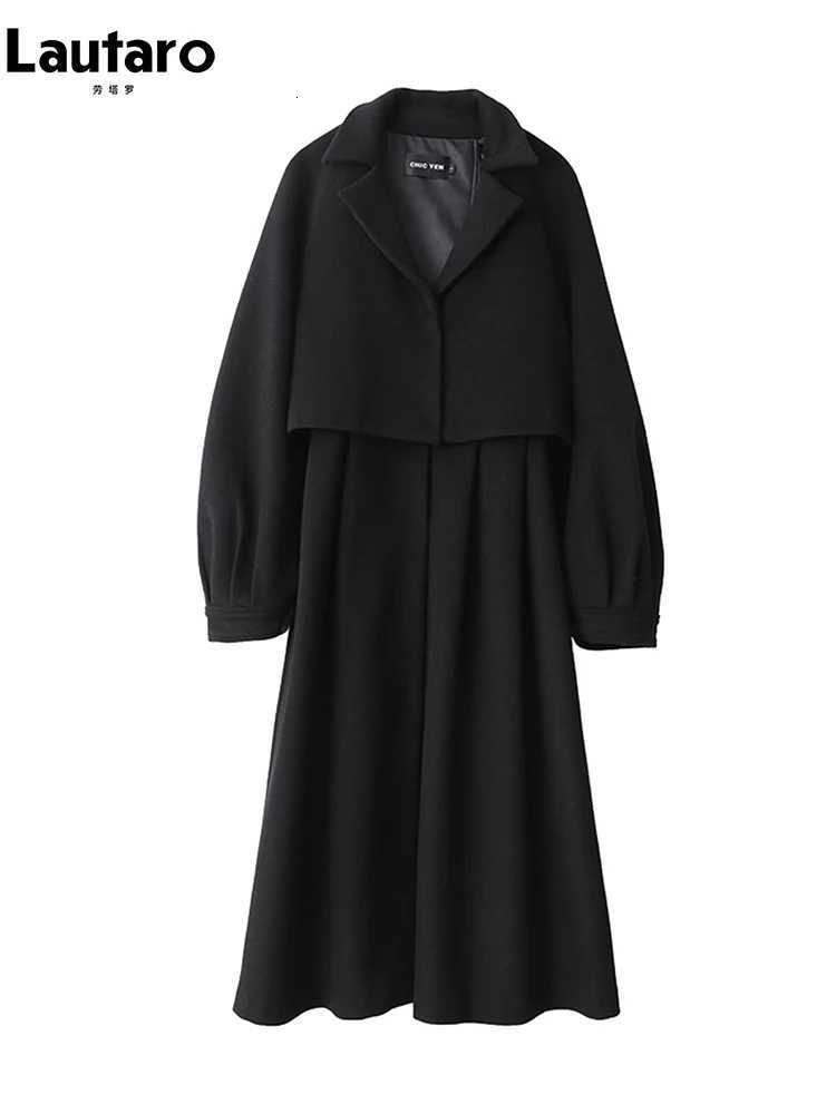Lautaro Autumn Winter Long Flowy Luxury Vintage Black Warm Thick Woolen Coat Women Luxury Designer Fake 2 Pieces Clothes 2023T251101