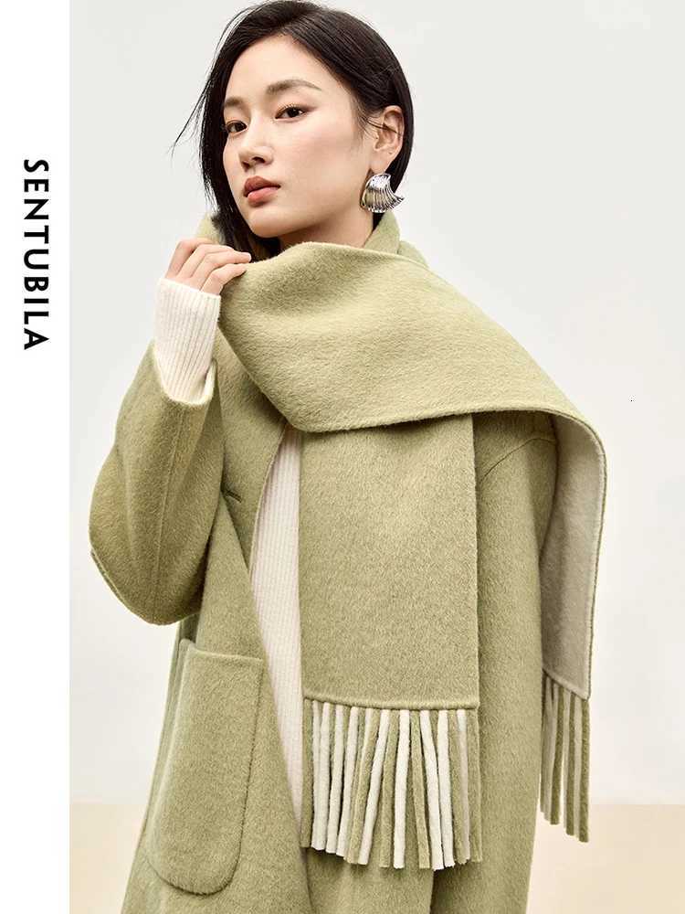SENTUBILA 100 Wool Double Sided Woolen Coat 2025 Winter U Patch Pocket Tassel Scarf Single Breasted Elegant Coats W44O55981T251101