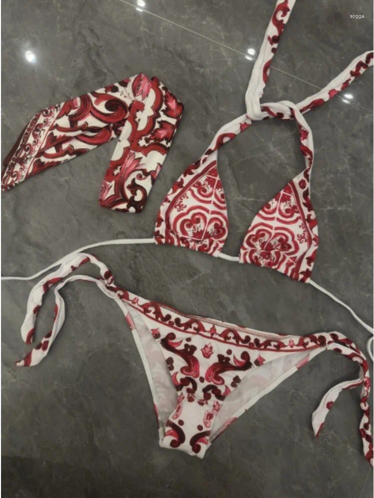Womens Swimwear Women 3 Pieces Headscarf Bikini Sets Red Swimsuits Designer Brand Lady Beach Sexy