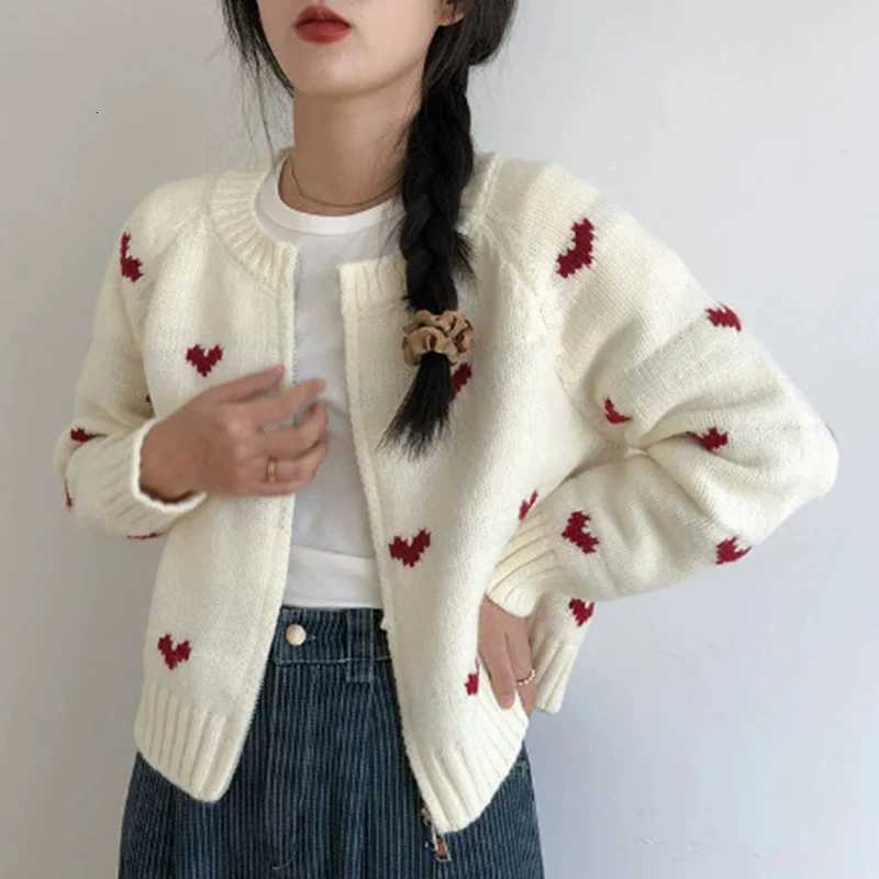 Korean Heart Pattern Knitted Cardigan Women 2025 Y2K Mix Color Long Sleeve Cardigan for Woman Crew Neck Zipper Up Outwear MujerT251101
