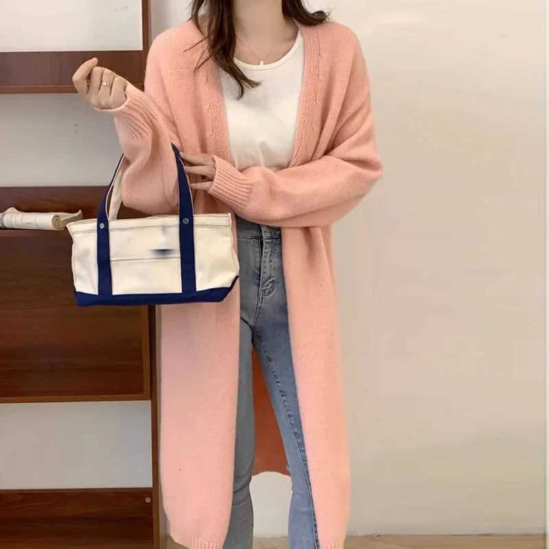 New minimalist and versatile autumn long knitted cardigan for women with a lazy style over the knee Vneck thick sweater jacketT251101