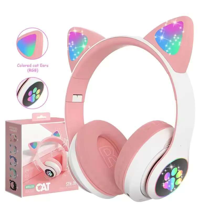 Headphone S28 Hot Cool Luminous Wireless Headset Earphone Auriculares Cute Cat Ear Headphones with Mic