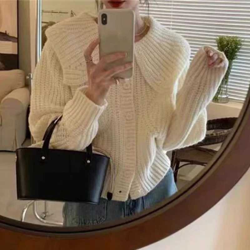 Fashion Doll Collar Knitted Cardigan Women Sweater Autumnwinter Casual Lapel Loose Long Sleeved Jacket Elegant Simple Solid TopT251101