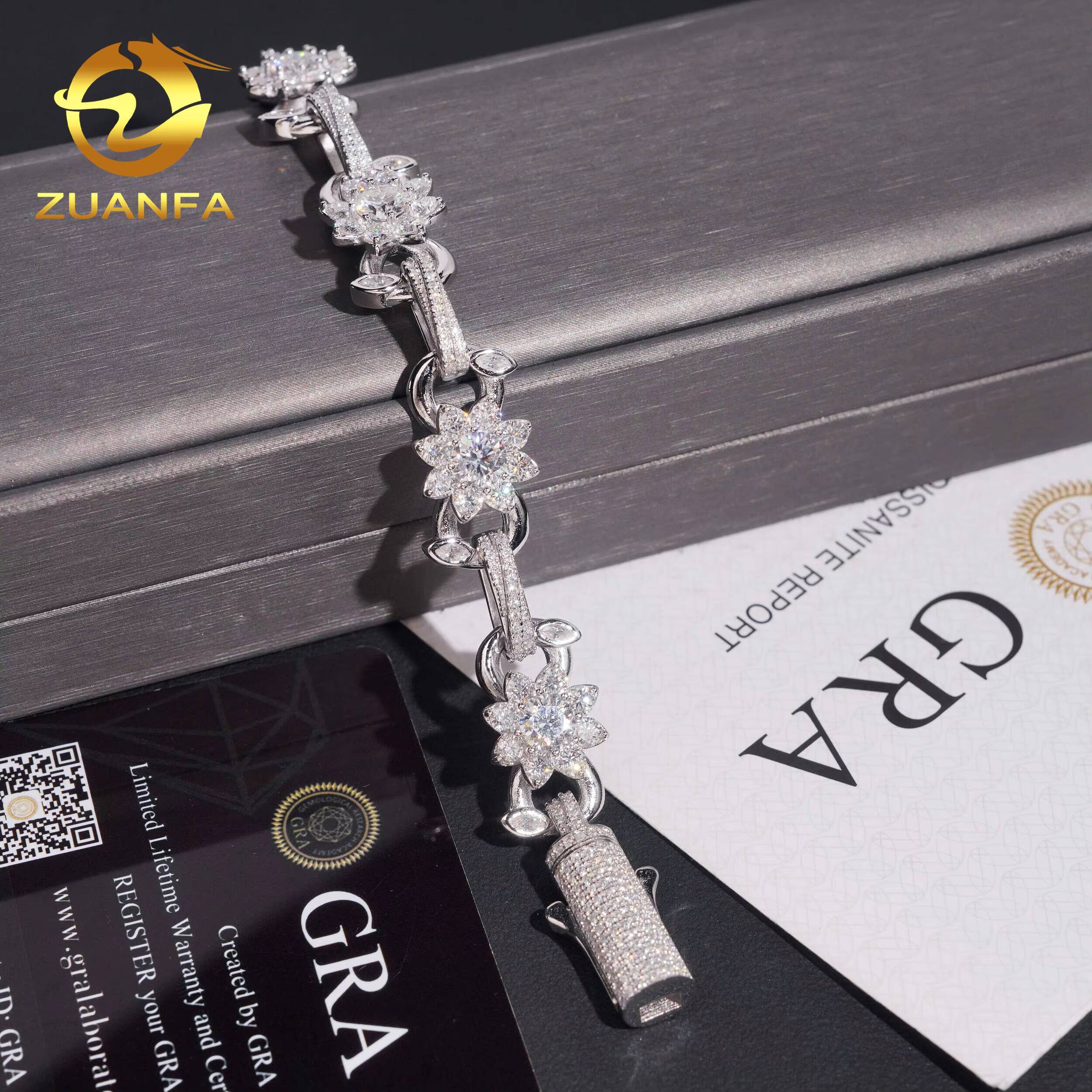 Hip Hop Jewelry 13mm Flower and Leaf VVS Moissanite Cuban Link Bracelet 925 Silver Moissanite Iced Out Bracelet for Men Women