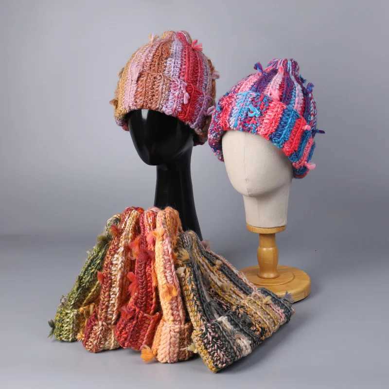 Japanese Style Sweet Knitted Beanie Cap Women Colorful Stripes Handknitted Fashionable Trendy Thick Yarn Wool Warm Beanie CapXJ251101