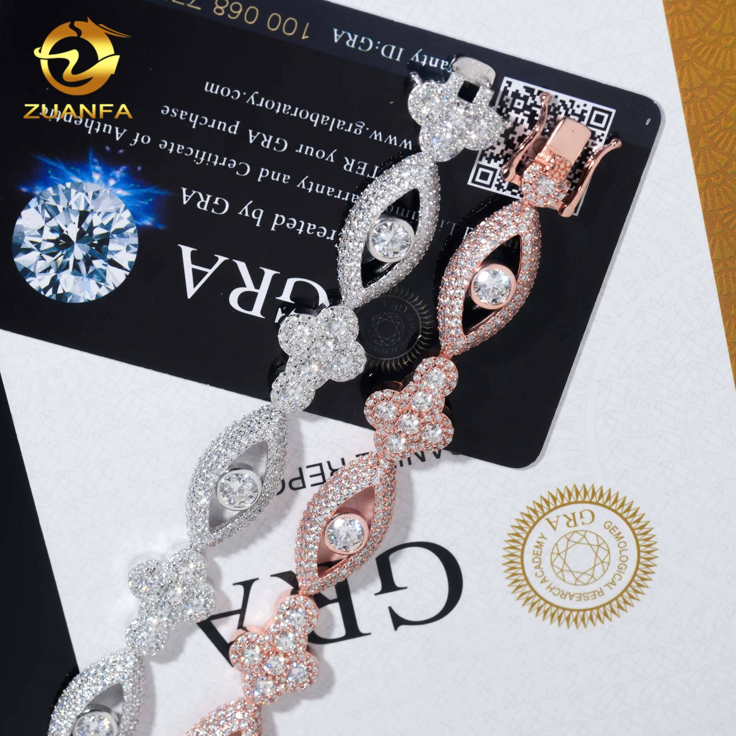 Perforated Design Evil Eyes Moissanite Bracelet 126mm Cross Cuban Link Chain 925 Sterling Silver Moissanite Cuban Link Bracelet