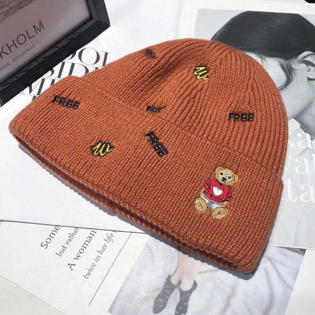 Cute Bear Embroidery Knitted Hat For Women Girl Autumn Winter Warm Beanie Cap Soft Crochet Outdoor Ear Protection Bonnet HatsXJ251101