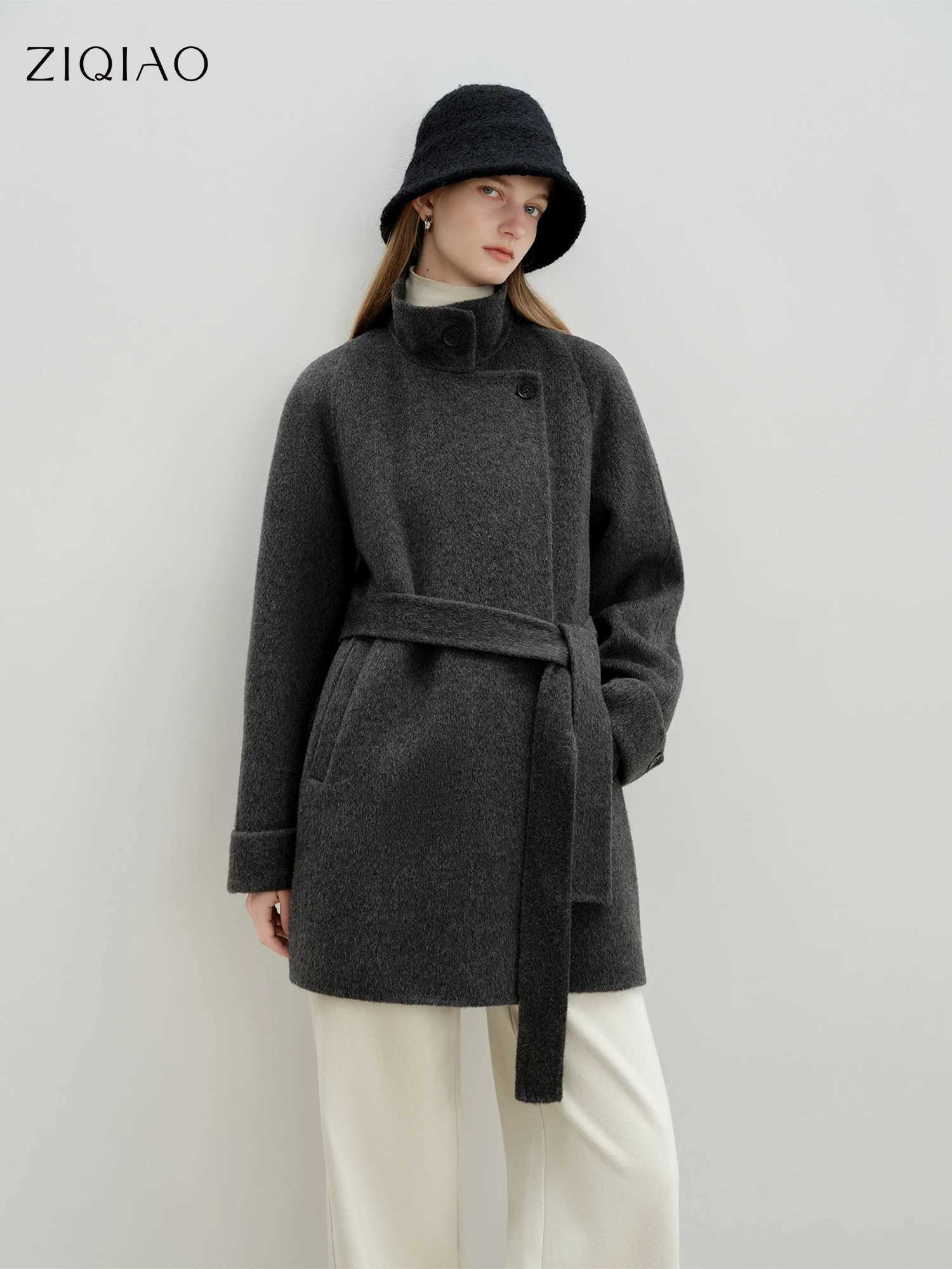 ZIQIAO Gray Wool Coat Women Laceup Loose French Style Temperament Simple Chic Ins 2025 Winter New Short Woolen CoatT251101
