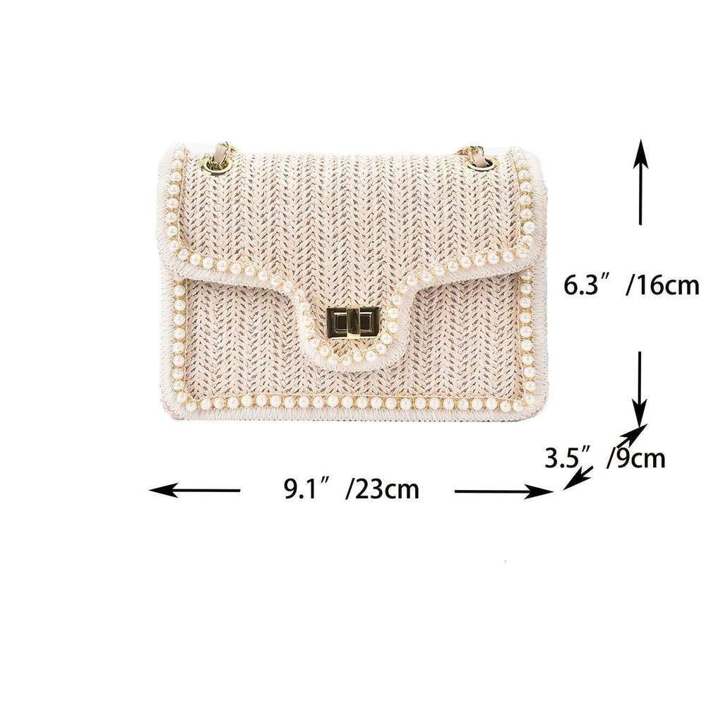 Women'S Chic Woven Straw Shoulder Bag with Pearl Accents, Fashionable Chain Crossbody Purse, Versatile Solid Color, Leather ed, Turn-lock Closure
