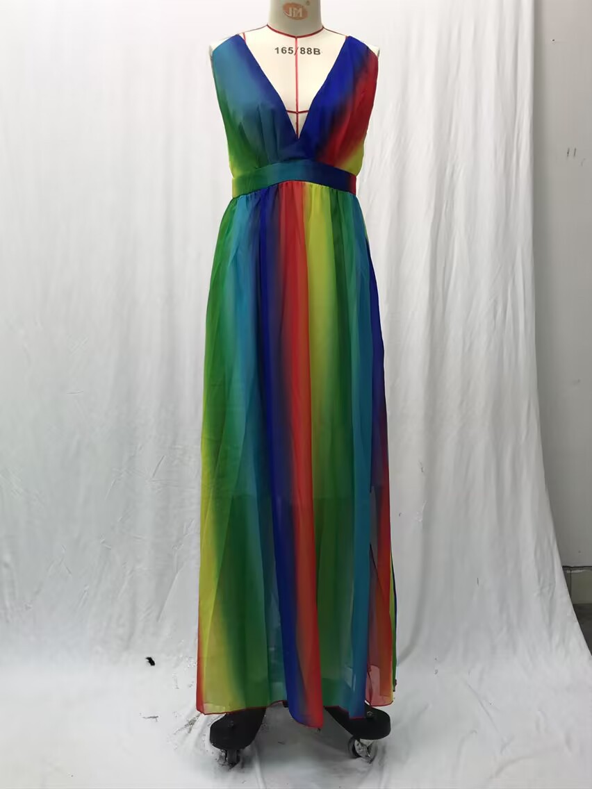 Rainbow Dress Casual V Neck Mesh Midi Dress Women Clothing Long Dress for Women