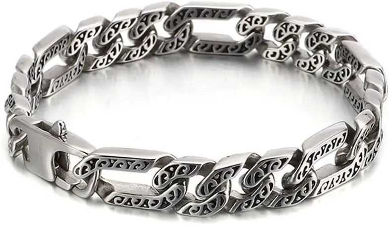 Vintage mens punk bracelet antique silver plated titanium stainless steel classic Cuban chain Y250329