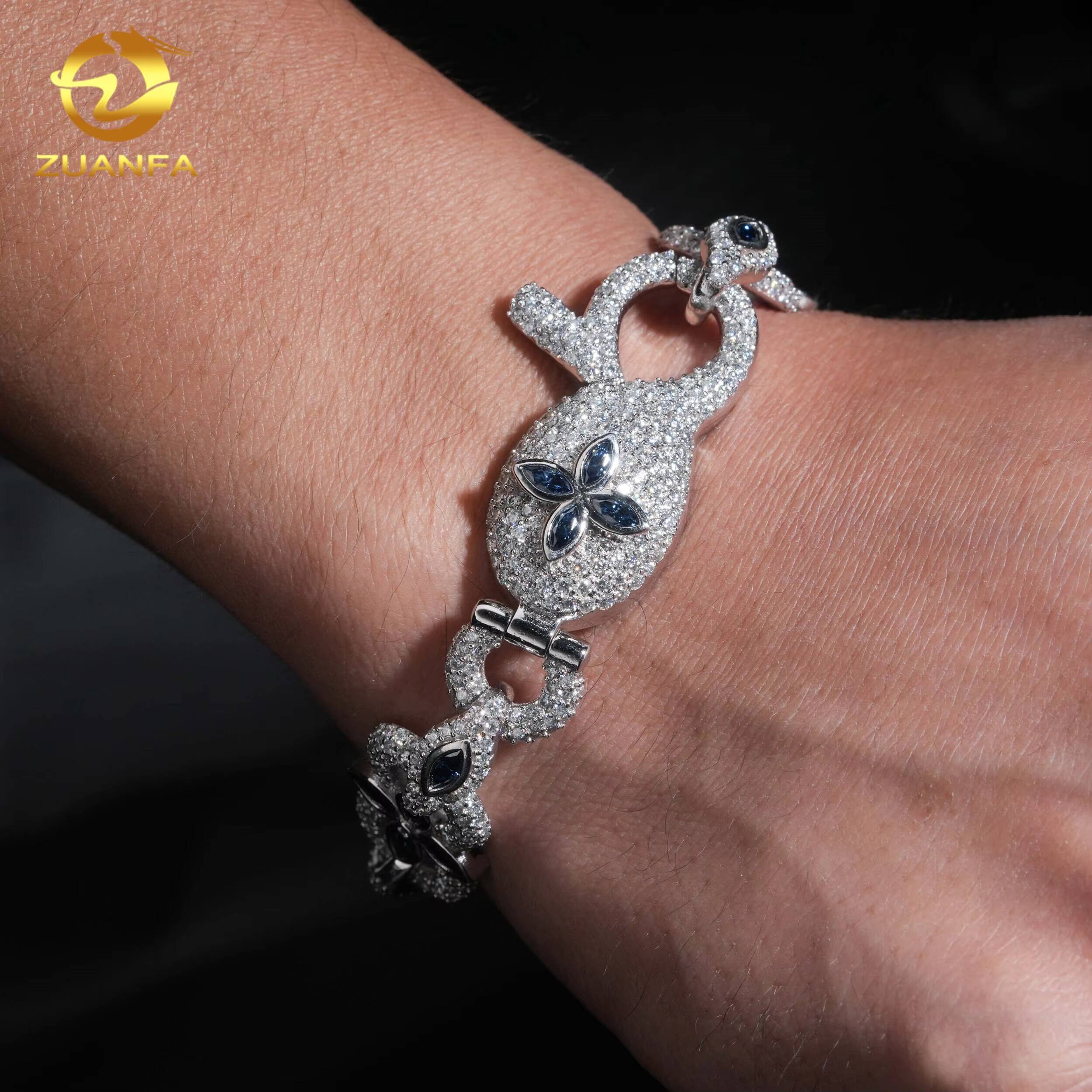 Hip Hop Jewelry 16mm Moissanite Cuban Link Bracelet 925 Silver Pass Tester Marquise Cut Royal Blue Moissanite Bracelet