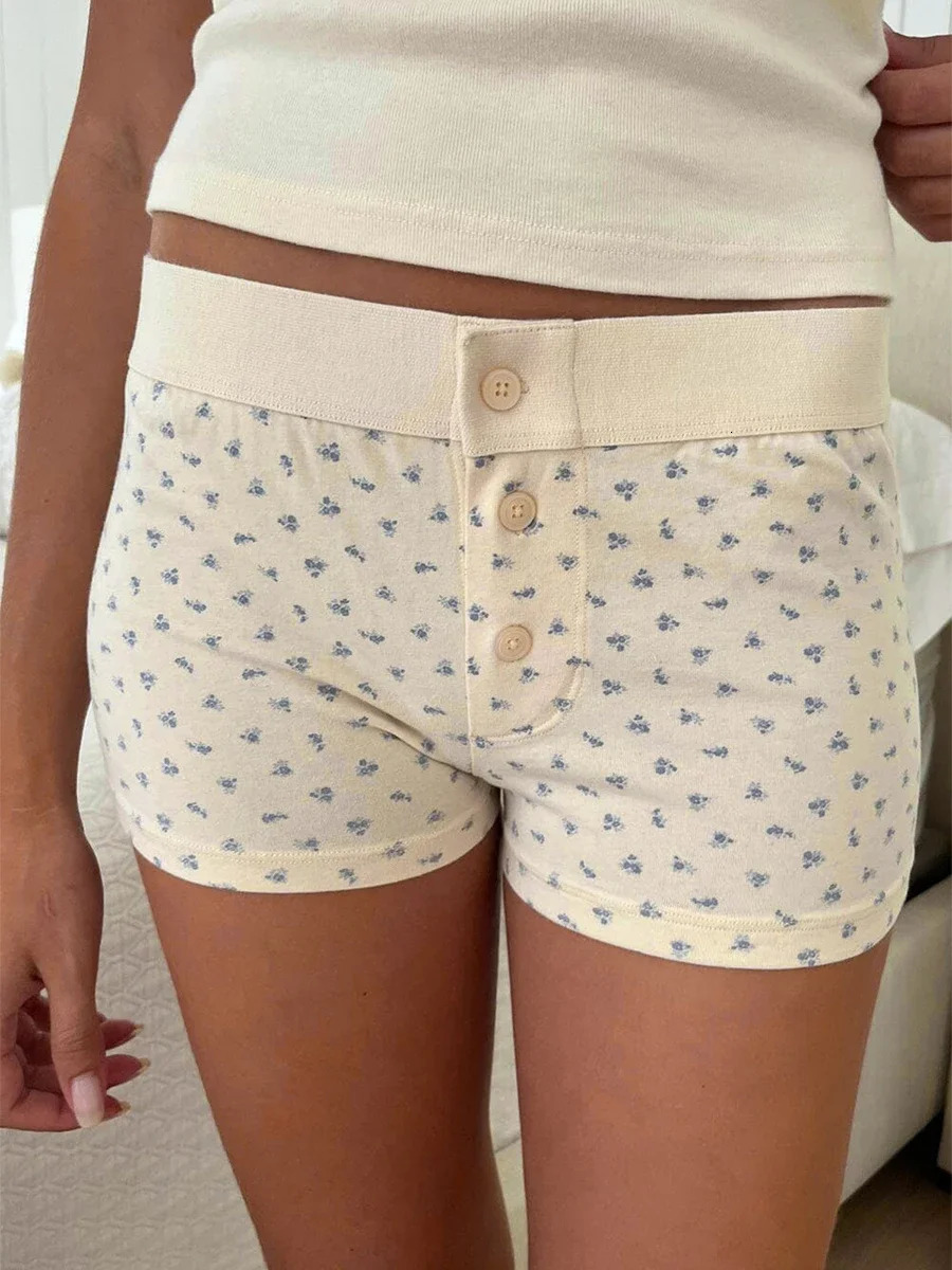 Womens Loungewear Shorts Y2K Vintage Low Waist Button Closure Graphic Printed Aesthetic Slim Pajama Bottoms Sleepwear 250401
