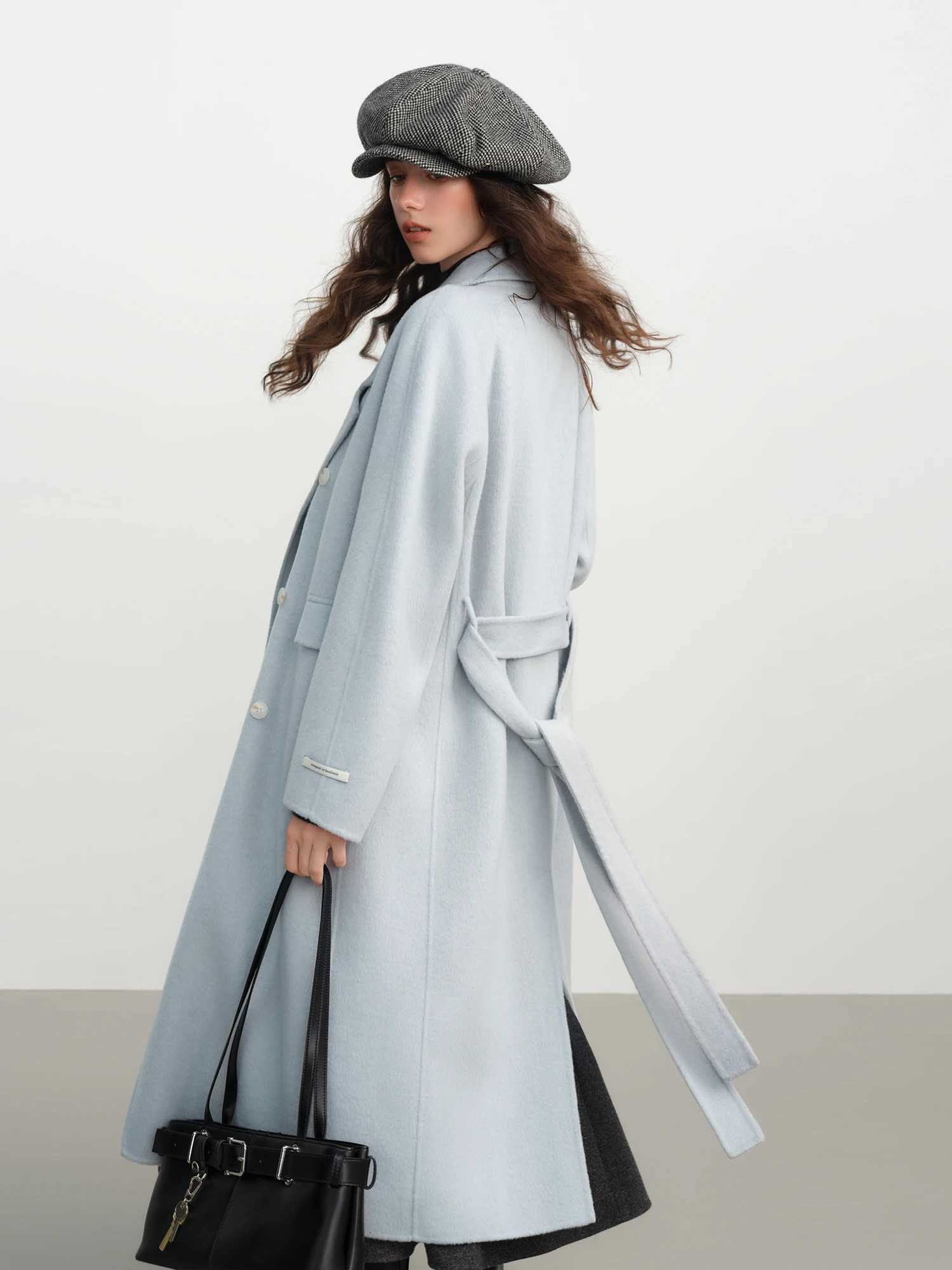 FSLE Cashmere Doublebreasted Collar Woolen Coat Women 2025 Winter Commuting Light Blue Casual Loose Lazy Simple CoatT251101