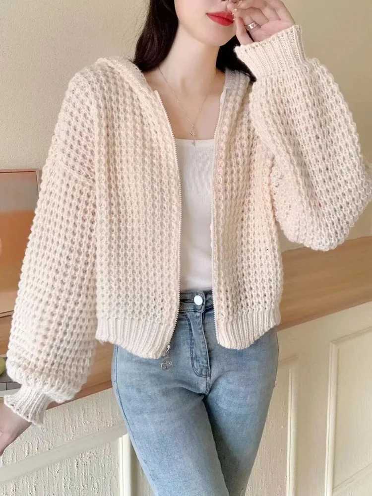 Korean Retro Hooded Knitted Cardigan Casual Slim Fit Zipper Sweater Jacket Autumn Womens Elegant Solid Color Knitted TopT251101