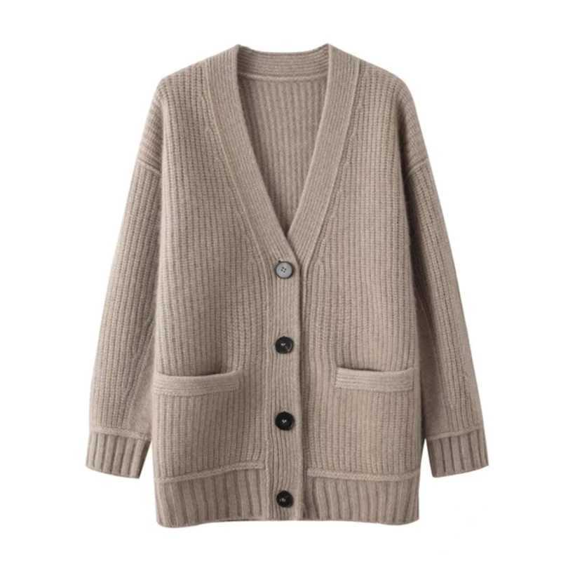 AutumnWinter Gentle Style Vneck Cardigan Loose Long Sleeve Women Sweater Casual Knitted Shirt Fashion Solid Coats with PocketsT251101