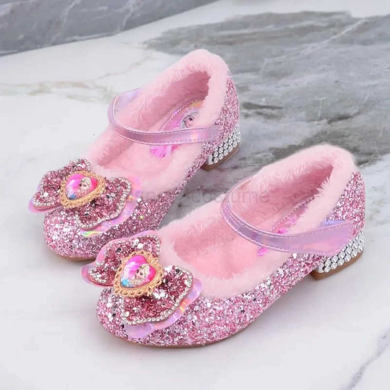 Disney Princess Kids Warm Winter Shoes for Girls Elsa Casual Glitter Children Flat Heel Girls Shoes Butterfly Knot Blue Pink H251101