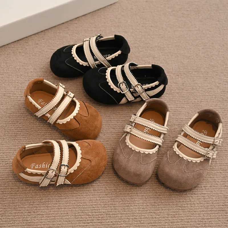 New Stripes Childrens Leather Shoes Spring Autumn Roundtoe Kids Causal Shoes Fashion Girls Solid Color Flat Suede Shoes 2334T251101