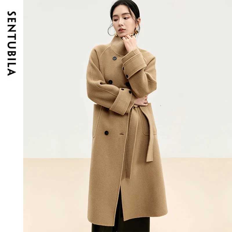 SENTUBILA Korean Style 100 Wool Coats for Women 2025 Winter Oversize Warm Double Breasted Stand Neck Belted Outerwear W44O56385T251101