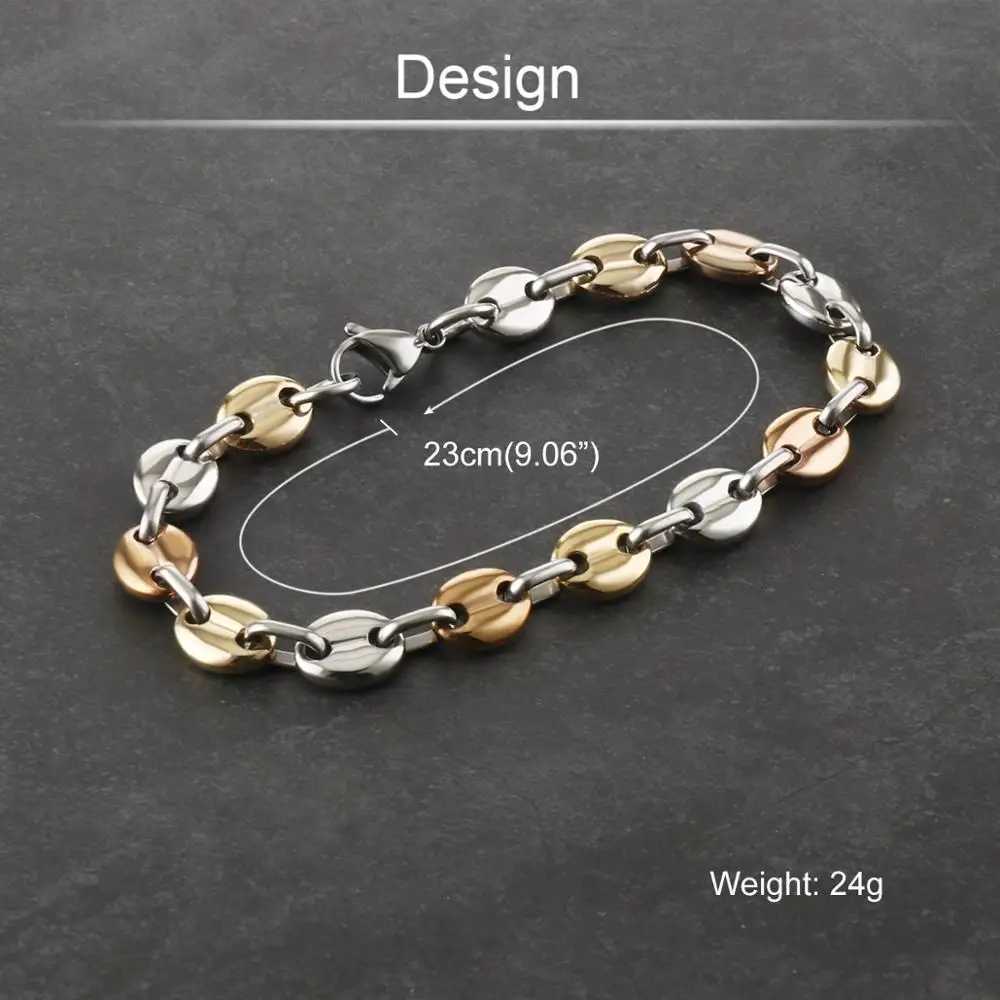 9mm Black Silver Stainless Steel Bracelet Coffee Bean Chain Bracelet Mens Hip Hop Mens Jewelry Gift Y250329