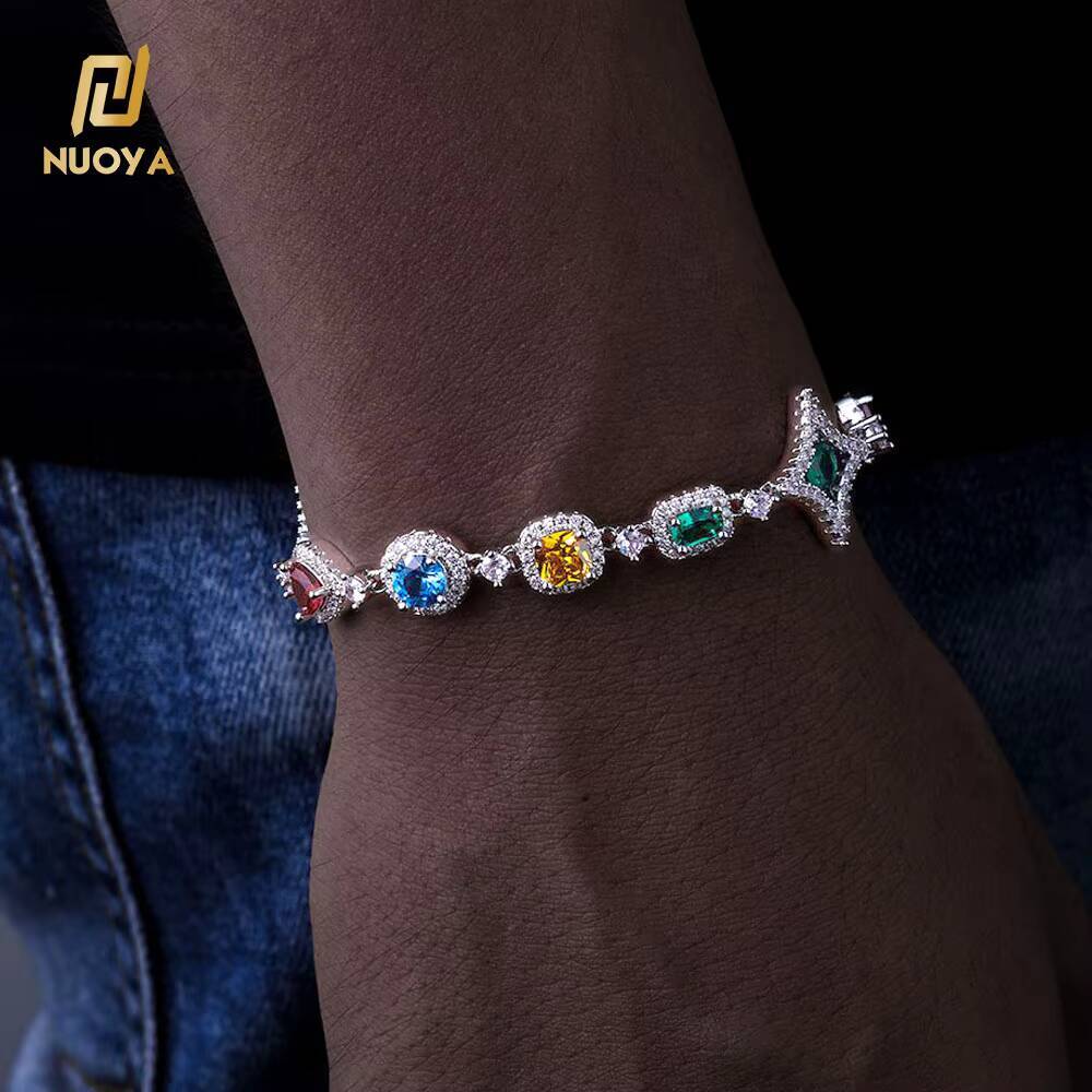 NUOYA Hip Hop Jewelry Womens Iced Diamond Star Chain Silver Plated Brass Chain Multicolor Zircon Cubic Gemstones Bracelet Gift