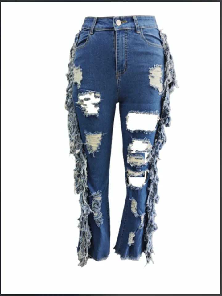 Blue Pocket Ripped Pants Womens Jeans Street Hiphop Sexy Trousers Fashion Autumn Bell Bottom Pants J251031